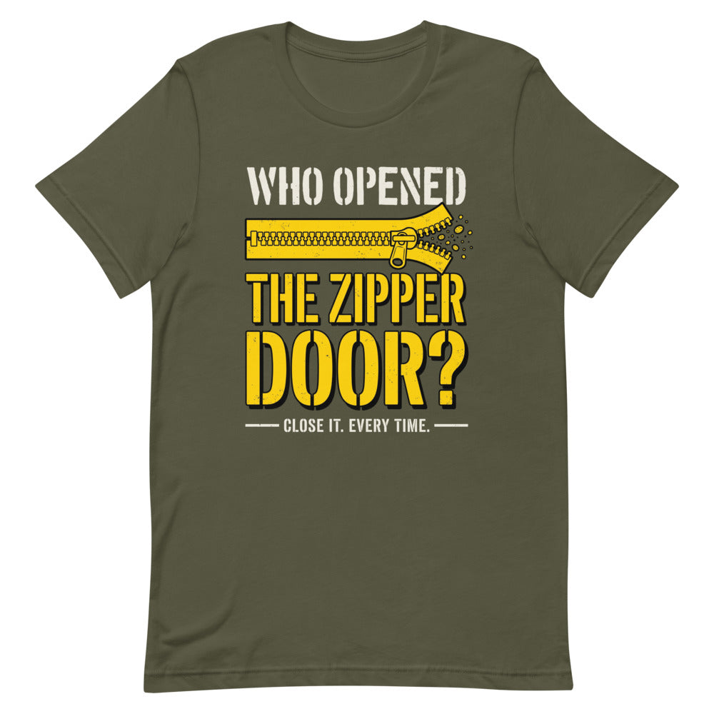 WHO OPENED THE ZIPPER DOOR? Tee alternate view