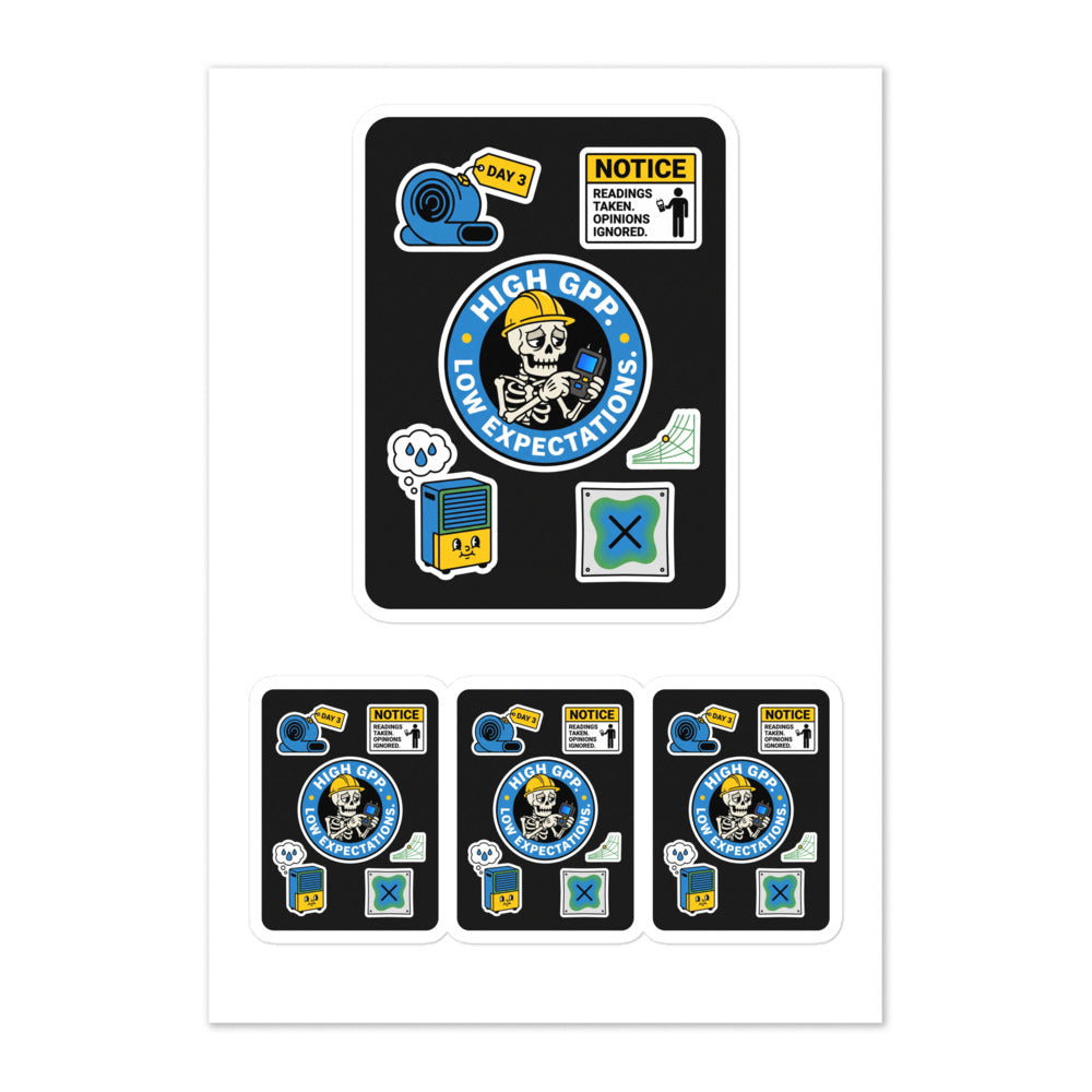 HIGH GPP. LOW EXPECTATIONS. Hard Hat Sticker Sheet mockup 1